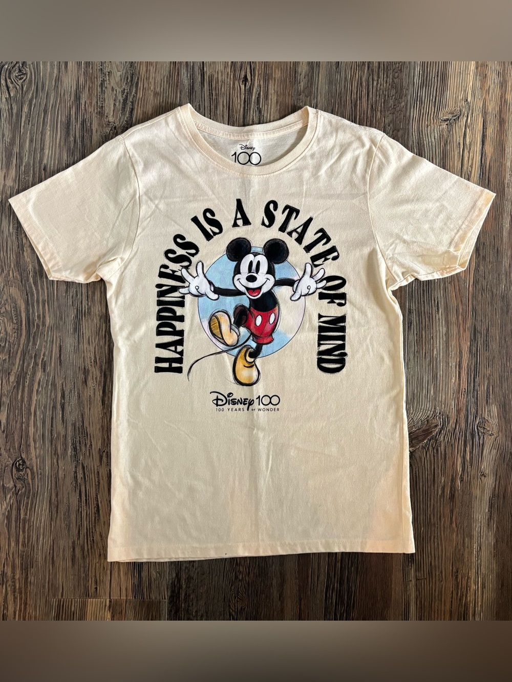 Disney 100 Mickey Mouse ‘Happiness Is A State Of Mind’ Graphic Tee Shirt M Beige